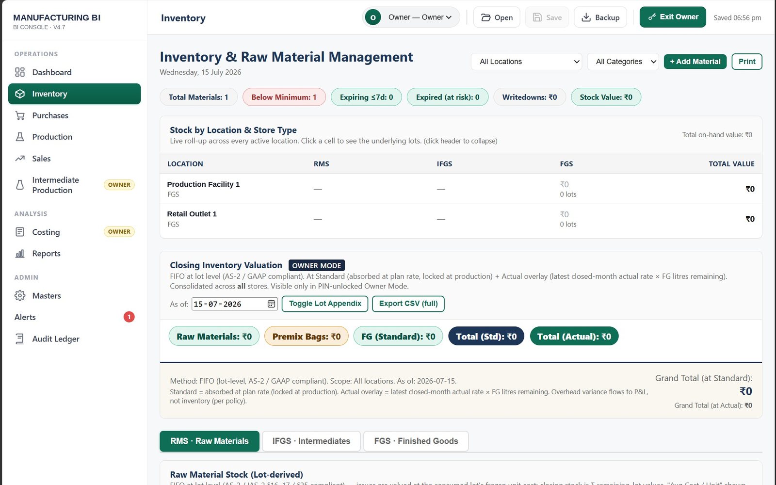 Manufacturing BI console - inventory and raw-material management with lot-level FIFO valuation across locations